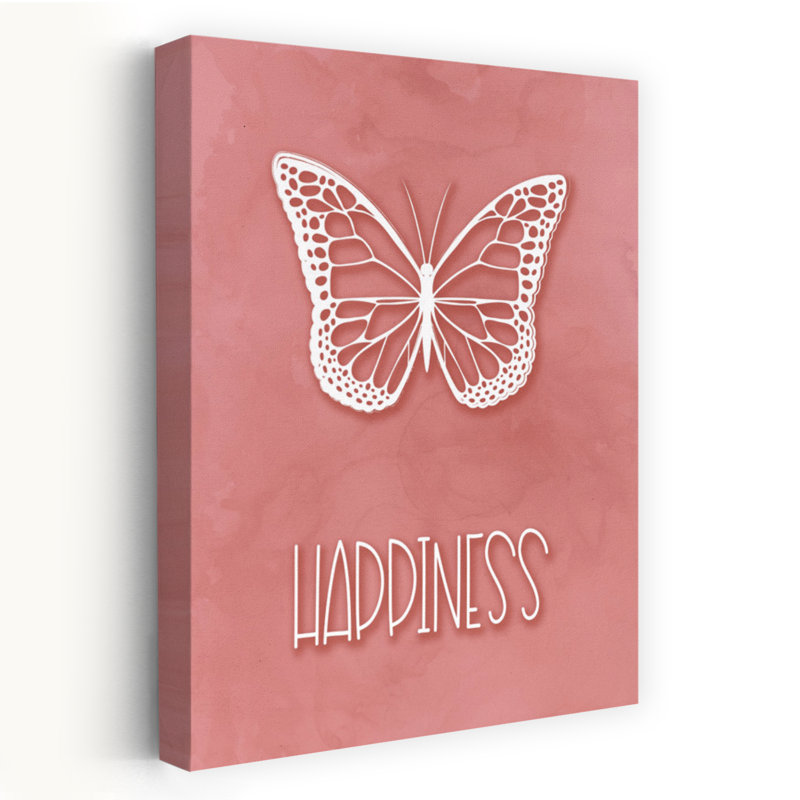 Delicate Butterfly Happiness Contemporary Elegant Minimalist Butterfly Moth Wall Art Print 1 Piece Wrapped Canvas Wall Art