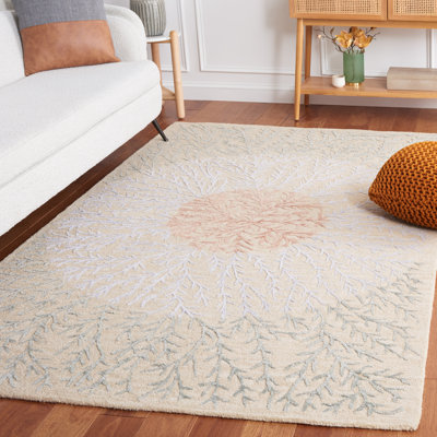 Tapis floral gris / beige en laine / coton / viscose touffeté à la main Kaiyden