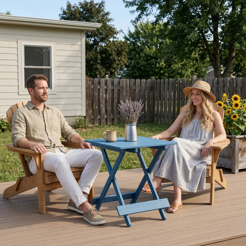 Table carrée d'extérieur pliante pour un rangement peu encombrant. Fabriqué en bois massif, convient aux patios ou aux balcons. Disponible en bleu.