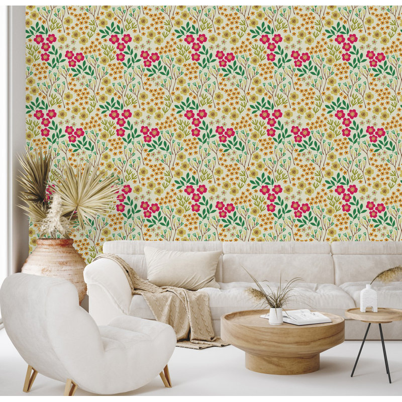 Carreau de papier peint l 25 po, L 2,09 pi x L 10,42 pi, Vert, rose et jaune