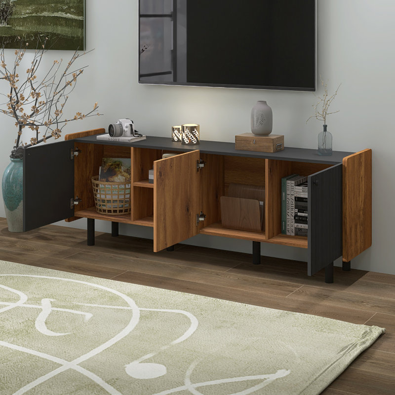 Meuble télé Mid-Century avec 3 armoires, console multimédia pour téléviseur de 70 po ou moins, centre de divertissement avec rangement