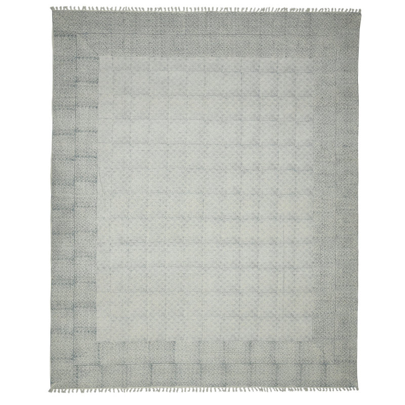Tapis bleu ivoire et noir tissé à plat à la main 2 pi x 3 pi avec franges