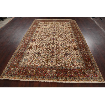 Tapis ivoire en laine noué à la main de conception unique 5 pi 10 po x 8 pi 10 po New Age