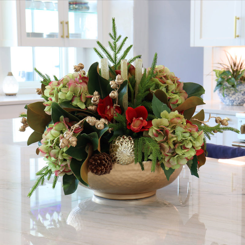 HYDRANGEAS, ORCHIDS IN GOLD HAMMERED METAL