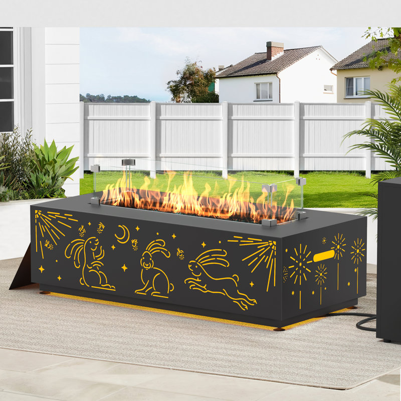 42" Rectangle Iron Propane Outdoor Fire Pit Table with Hidden Fuel Tank, LED Light & Lid, Natural Gas Compatible (Hose Not Included)