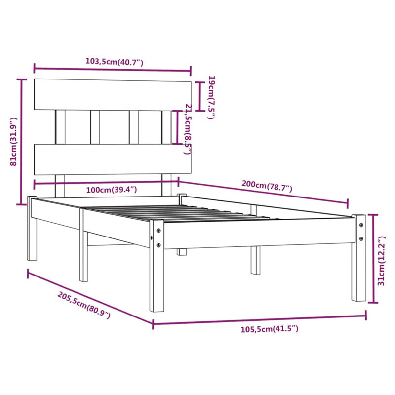 Bed Frame Solid Wood, 140 x 190cm, Black