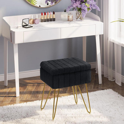 Faux Fur Vanity Stool With Storage, Plush Cushion + 4 Metal Non-Slip Legs, 19.4-Inch High, Modern Multi-Functional Design.