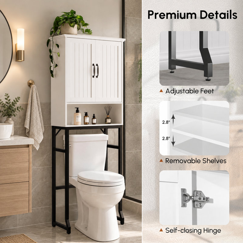 Meuble de salle de bain gain de place de style ferme moderne de 64,3 cm de large, à placer au-dessus des toilettes, avec portes, blanc