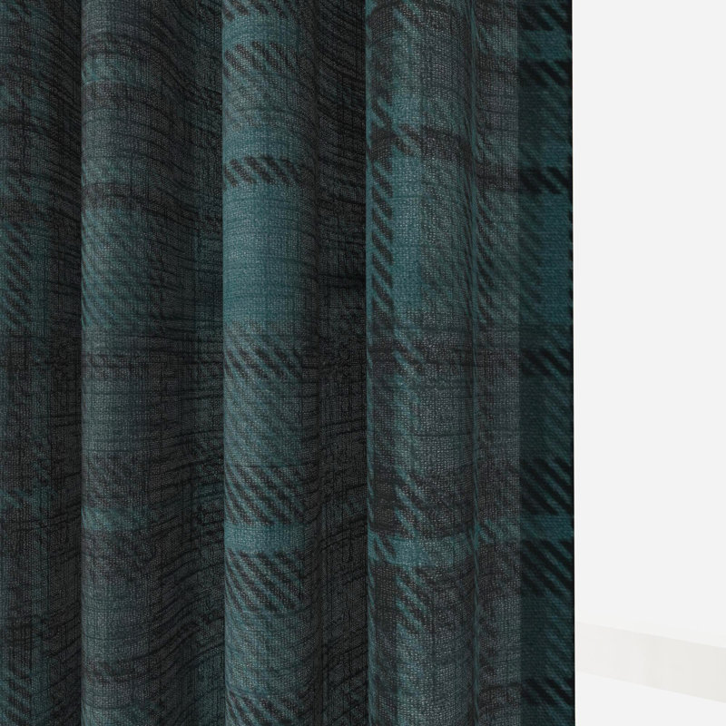 TWOPAGES Unlined Plaid Curtain Gingham Faux Linen Pinch Pleat Curtain, Midnight, 40" W x 102" L