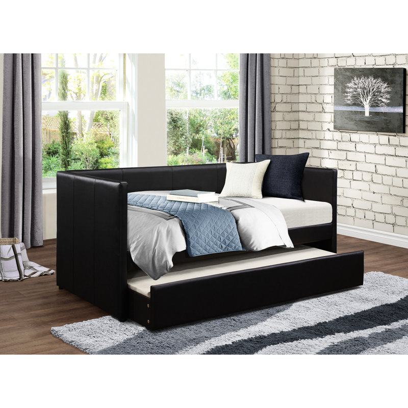 Lit de jour moderne avec revêtement en similicuir noir et couchette, cadre en bois de qualité contemporaine, apparence de bois coulissant