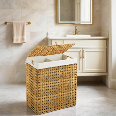 Grand panier à linge à 25 fentes avec poignées et doublures amovibles 25,6 x 13 x 24 po, panier en PE en osier de rotin pour la salle de bain et la salle de lavage, gris
