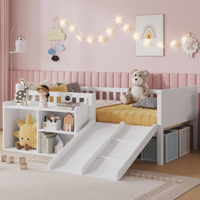 Low Loft Bed With Slide, Movable Bookshelf Storage, Guardrails