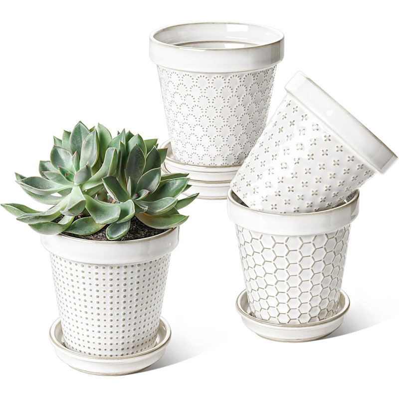 4.9" Ceramic Plant Pots With Drainage & Saucer – Set Of 4