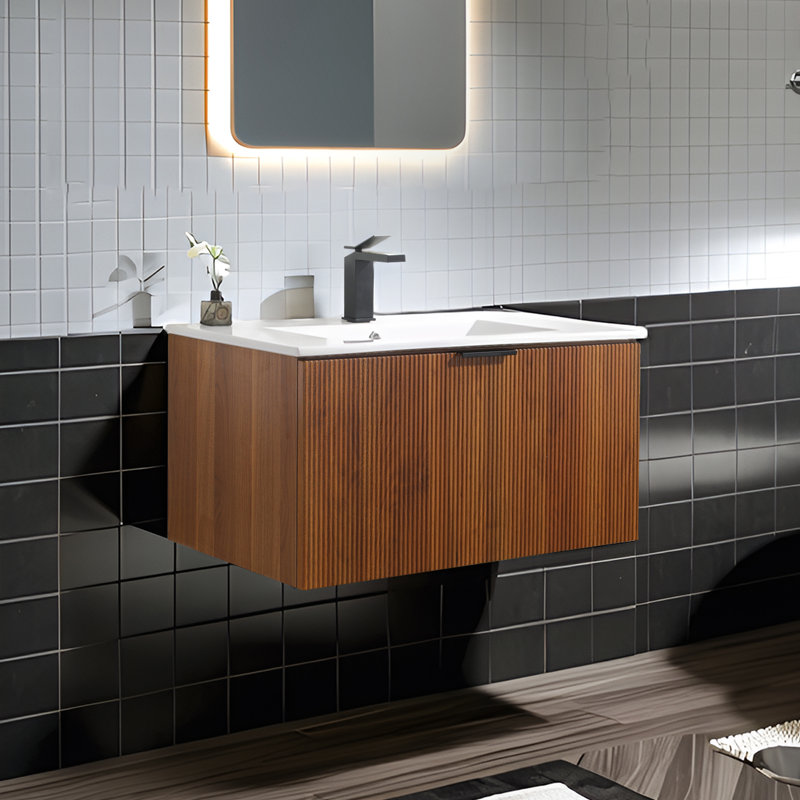 Meuble-lavabo mural simple 30 po avec comptoir en céramique brun, Brun