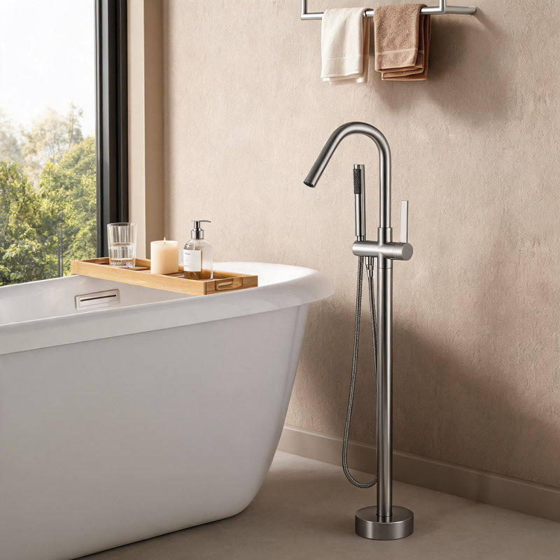 Robinet de baignoire sur pied en métal nickel brossé avec douchette, Nickel brossé