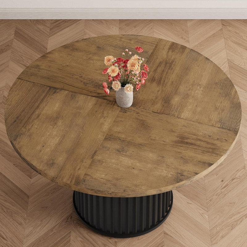 Extendable Round Metal Base Dining Table, Brown