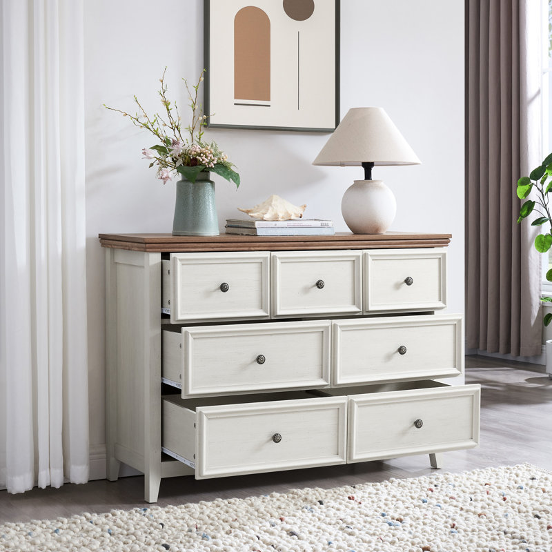 Commode 7 tiroirs pour le rangement - Commode beige avec intérieur spacieux et poignées faciles à organiser