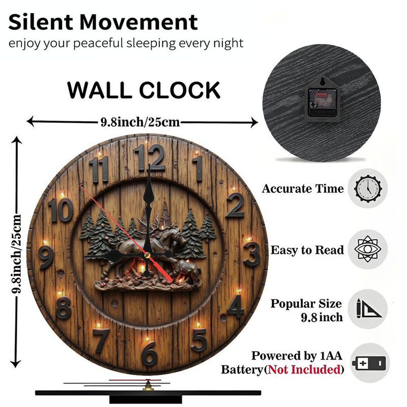 Horloge en bois-cerf-fauve-forêt-lumières