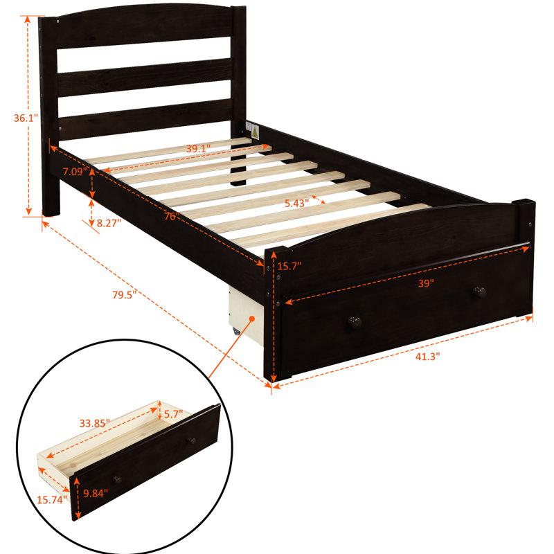 Structure de lit simple, 10 lattes de bois pour un support de matelas fiable, tiroir de rangement avec cadre de manipulation facile, circulation d'air et longévité, literie