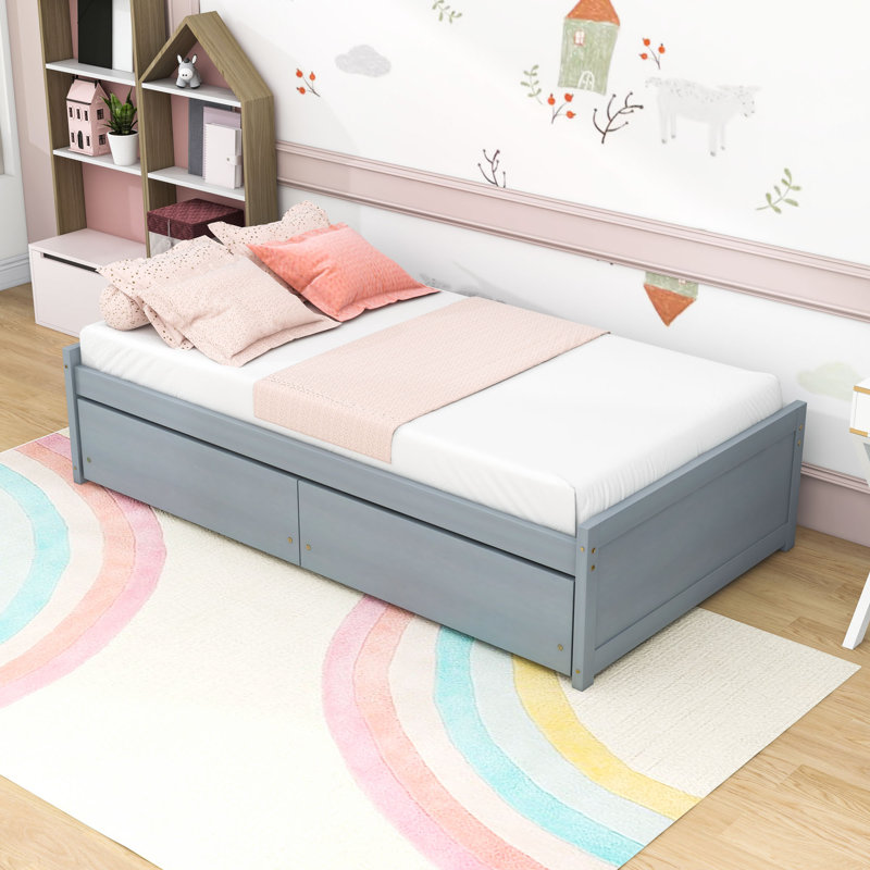 Lit simple 2 tiroirs, design minimaliste, Gris