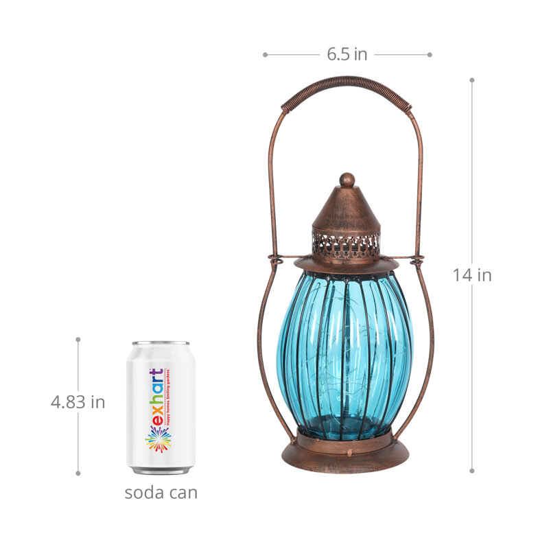 Antique Bronze and Blue Metal Solar Lantern with LED Firefly Lights