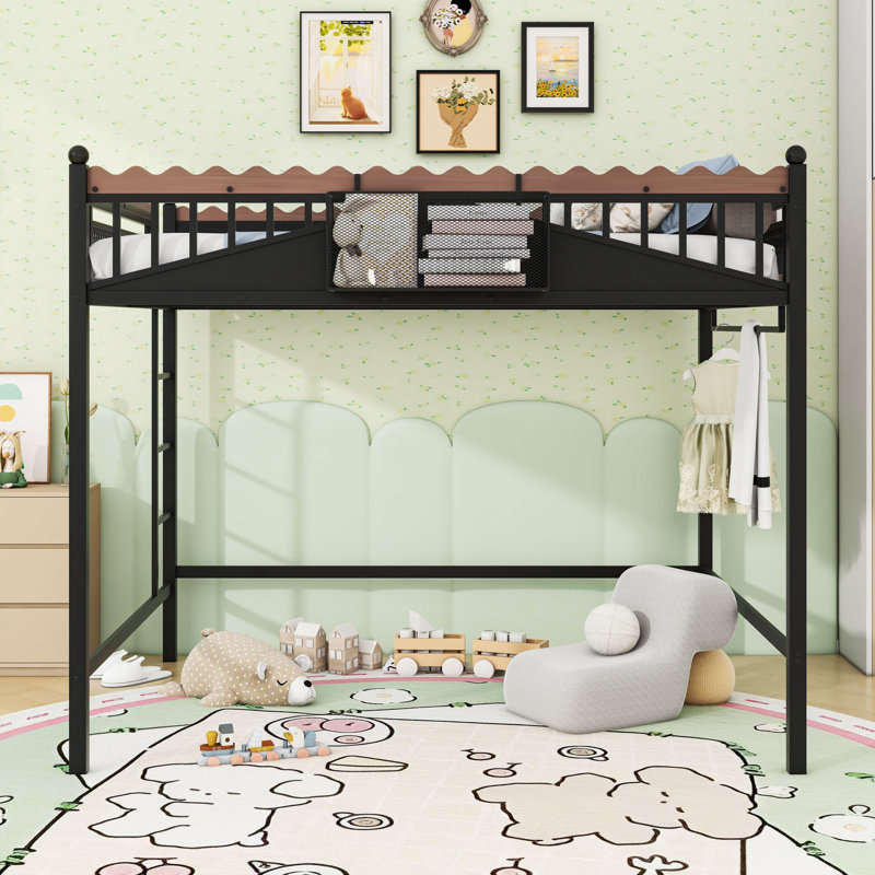 Metal Loft Bed with Bookshelf and Guardrails, Queen