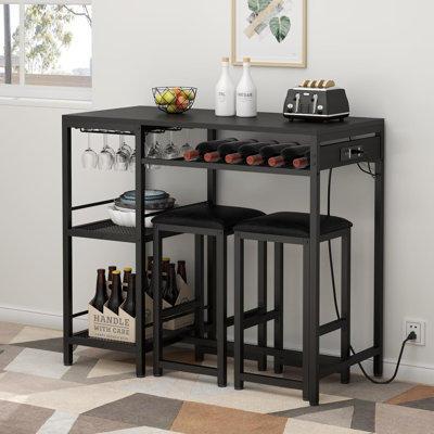 Bar Table and Chairs Set with Power Outlet, Pub Table and Chairs Set for 2 with 2 Storage Shelves -  17 Stories, D72292A301C34224B912612C371D6EA6