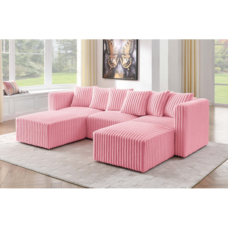 Canapé modulaire Dornwich, Fausse fourrure rose, H 27 po x l 101,5 po x P 62 po