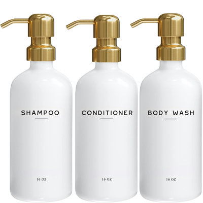 Ensemble de distributeur de shampooing et revitalisant de luxe par Brighter Barns - Distributeur de savon de douche - Distributeur de shampooing et de nettoyant pour le corps - Accessoires de salle de bain blanc et or en spa, hôtel, cadeau (doré)