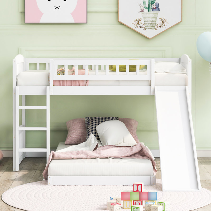 Twin Over Bunk Bed In White, Comes With Slide And Side - Mounted , Solid Pine Frame Board, Space Saving Solution, Grey Style, 18 Support Slats Bed, White Colour Design Materials, Optimized For