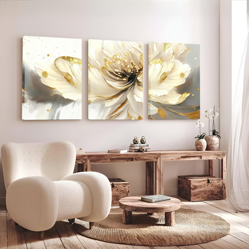 Toile murale abstraite florale blanche et dorée (lot de 3), H 36 po x l 72 po