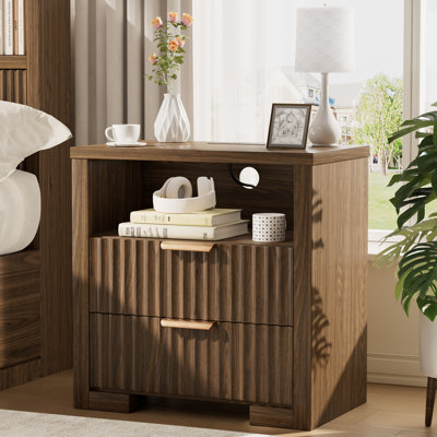 2-Drawer Nightstand with Charging Station, 23.6" Wood Bedside Table