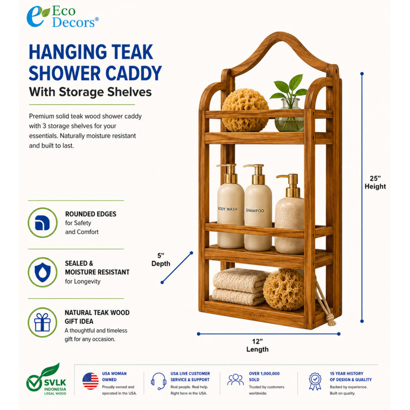 EcoDecors Teak Shower Caddy Wall Mounted Bathroom Shelf – Solid Teak Hanging Shower Organizer for Shampoo, Soap & Bath Accessories