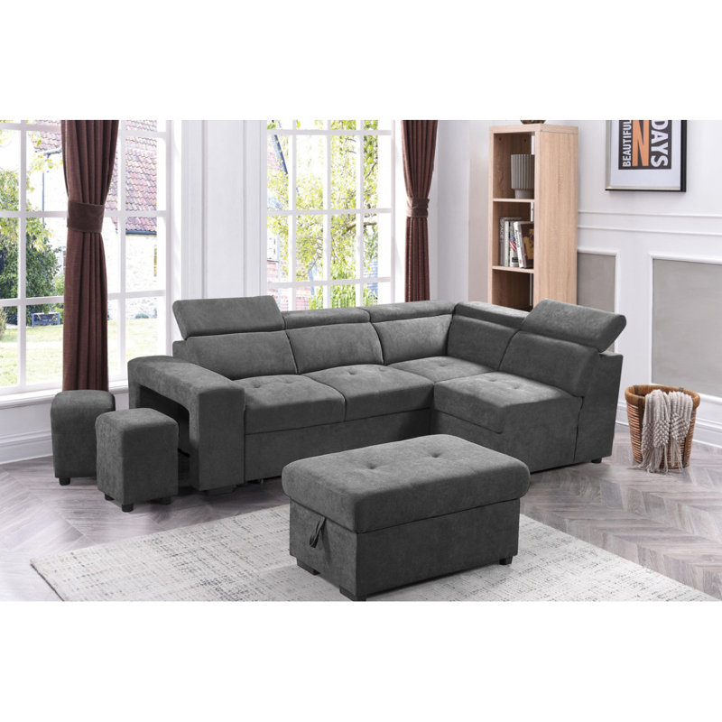 Canapé-lit modulaire moderne de 97 po avec repose-pieds et 2 tabourets Henrik, Tissu gris pâle