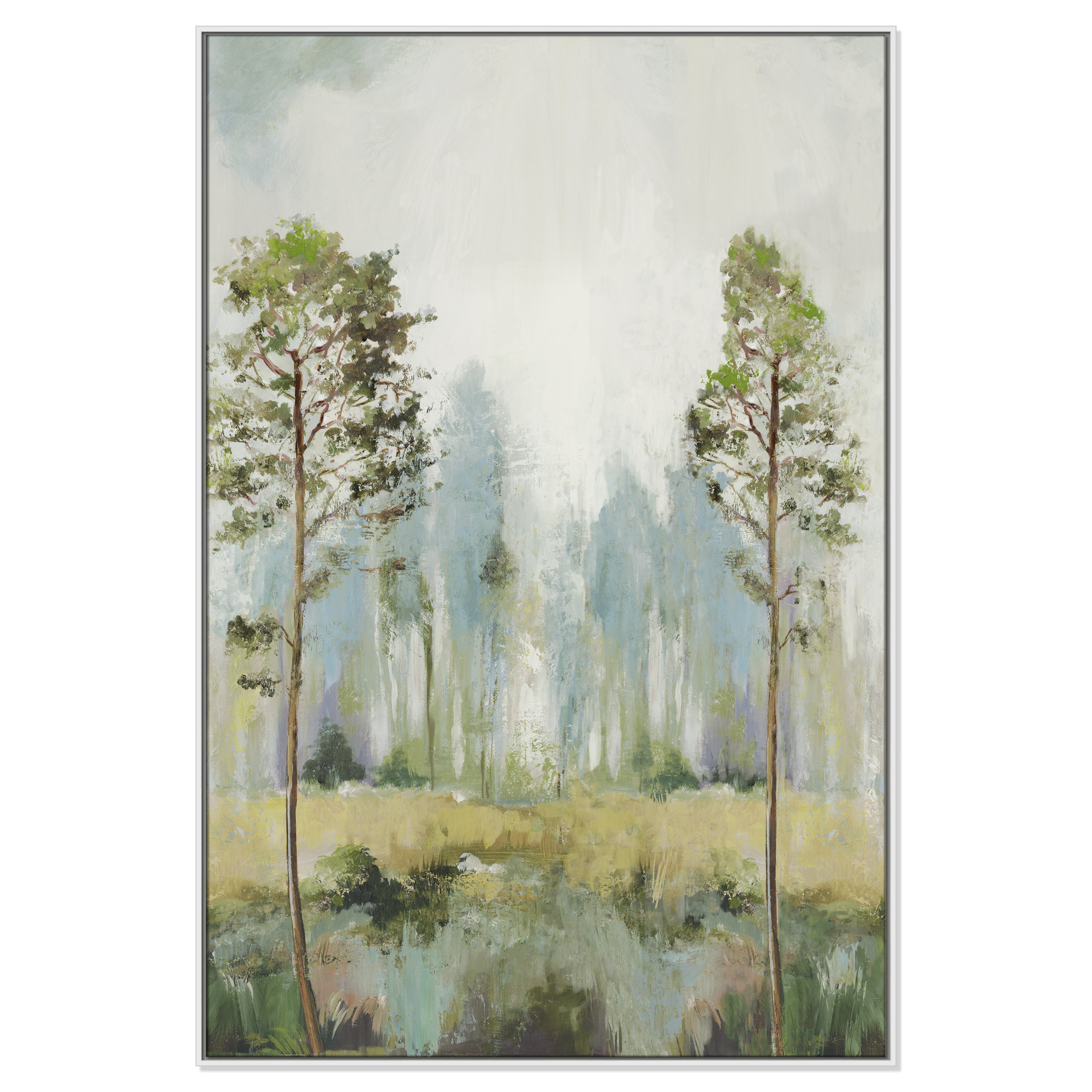 Tall Green Trees II by Teton Pearce - Floater Frame Print on Canvas, 61.5" H x 41.5" W, White