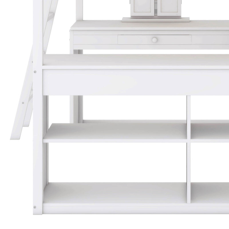 Lit mezzanine double en bois Kedryn avec bureau en U, compartiments de rangement et miroir à trois volets, Blanc