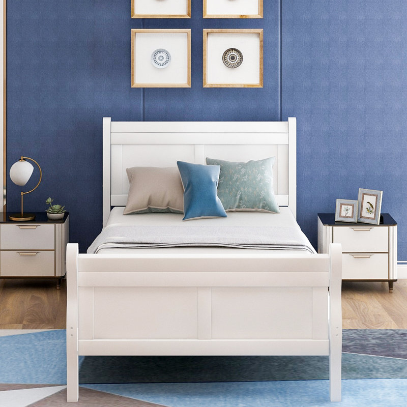 Lit plateforme simple en bois massif avec tête blanche