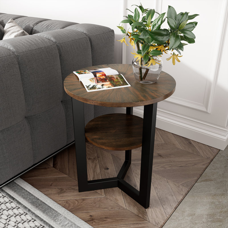 Wexford Collection Round Wood End Table with Storage Shelf, Modern Industrial Side Table with Metal Frame, Small Accent Table for Living Room, Bedroom and Small Spaces, Vintage Brown