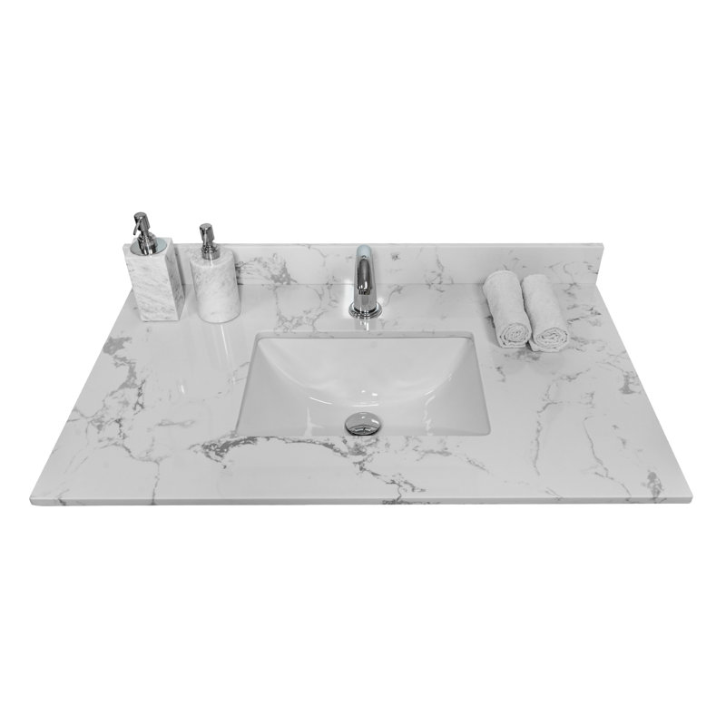 37Inch Bathroom Vanity Top - White Stone With Rectangular Undermount Ceramic Sink Luxury Element Modern Essential