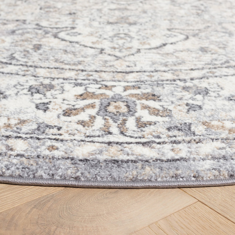 Tapis oriental ivoire / gris en polyester tissé à la machine Hka, Rond 6 pi 7 po