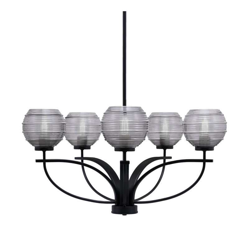 Lustre 5 lumières Astacia Cavella, fini noir mat avec verre nervuré de 6 po, Gris