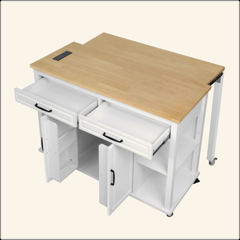 Kitchen Island With Extendable Dining Table, Rubber Wood Veneer Kitchen Table With Internal Storage Rack, Power Outlet, Kitchen Island With Storage 2 Drawers 2 Cabinet