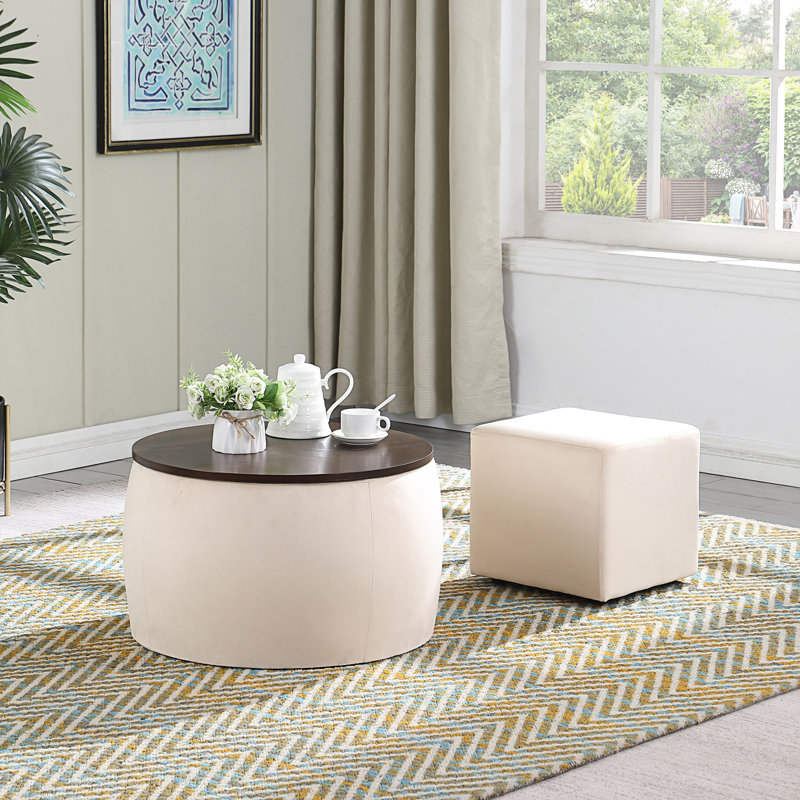 Ensemble de repose-pieds rond avec rangement, table basse 2 en 1, table basse, Beige