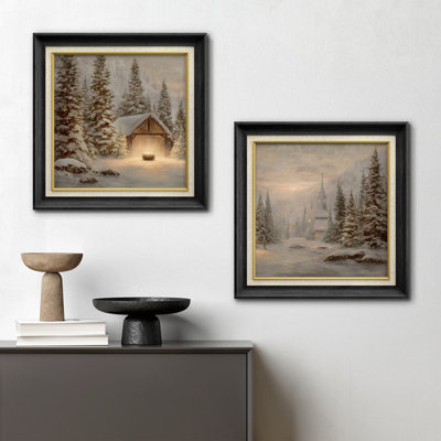 Douce crèche de Noël dorée et stable, paysage d'hiver encadré dans la chambre principale, reproduction d'art 2 pièces