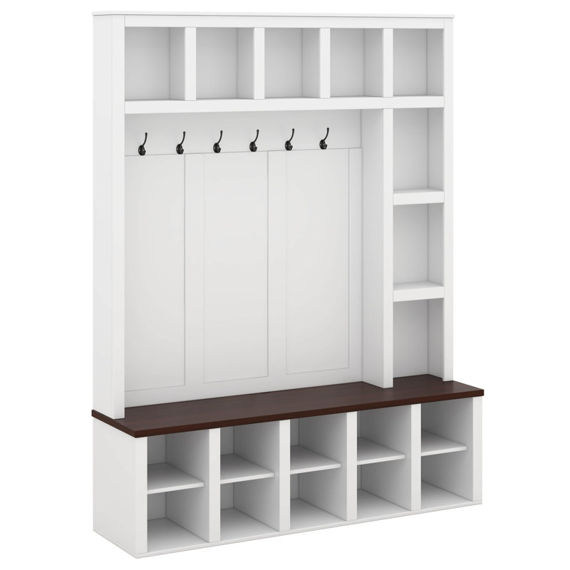 Farmhouse Entryway Bench With Coat Rack, Hall Tree With 6 Hooks, Walnut Storage Bench With Adjustable Shelves, 13 Cubbies