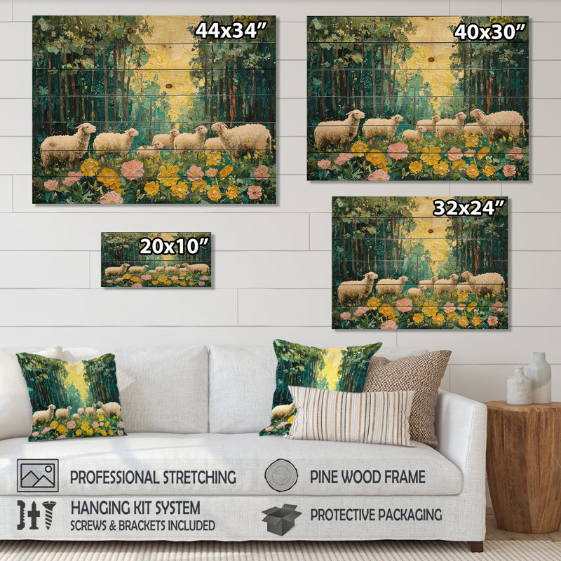 Mignon mouton au printemps fleurs I - décoration murale en bois de mouton - sur bois de pin naturel