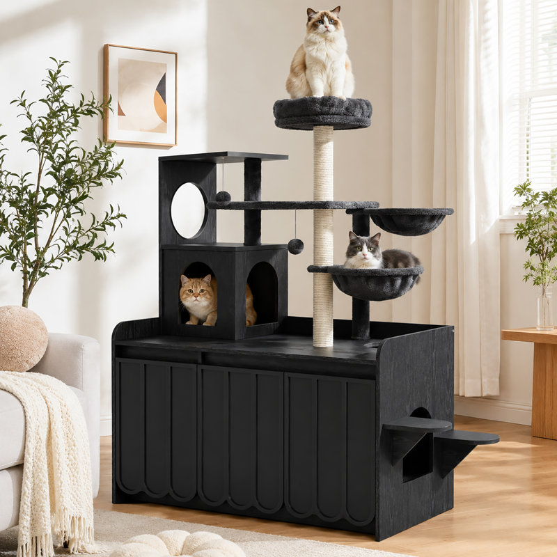 Arbre à chat avec bac à litière caché, tour pour chat à plusieurs niveaux avec poteaux à griffer en sisal, hamac double, condo et perchoir supérieur