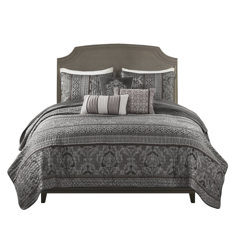 Courtepointe grise 6 pièces pour lit double / grand avec 3 coussins décoratifs dorés, matériau lavable à la machine, feuille et