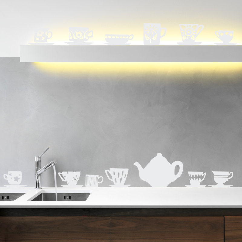 Décalcomanie murale tasses de thé, Blanc, H 32 po x l 33 po x P 0,01 po