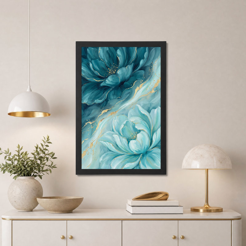 Art mural sur toile fleurs de pivoine sarcelle avec feuille d'or, 30"H x 20"W